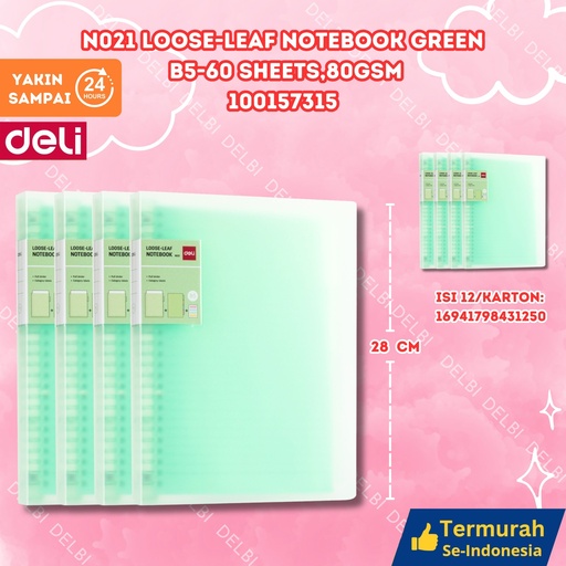 [100157315] DELI N021 Loose-leaf Notebook Green B5-60 sheets,80gsm BUKU BX12 BX48