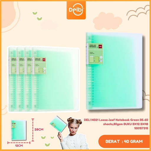 [100157315] DELI N021 Loose-leaf Notebook Green B5-60 sheets,80gsm BUKU BX12 BX48
