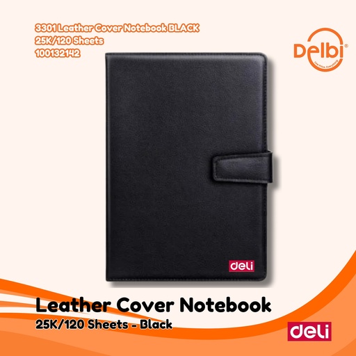 [100132142] DELI 3301 Leather Cover Notebook BLACK 25K/120 Sheets BUKU BX24