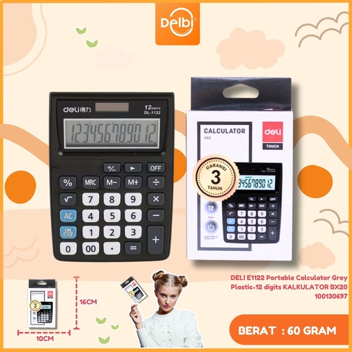 [100130697] DELI E1122 Portable Calculator Grey Plastic-12 digits KALKULATOR BX20