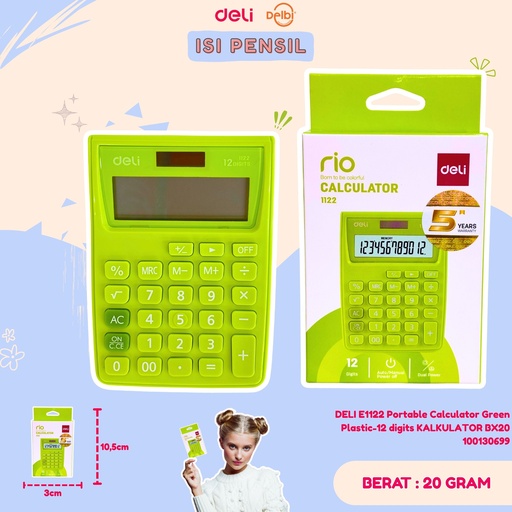 [100130699] DELI E1122 Portable Calculator Green Plastic-12 digits KALKULATOR BX20