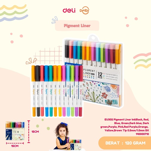[140000710] DELI EU302 Pigment Liner InkBlack, Red, Blue, Green, 
Dark blue, Dark green,Purple, Pink,Red Purple,Orange, 
Yellow,Brown Tip 0.5mm/1.0mm BX12