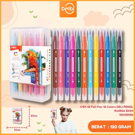 [100139050] C151-12 Felt Pen 12 Colors DELI PENSIL WARNA BX24