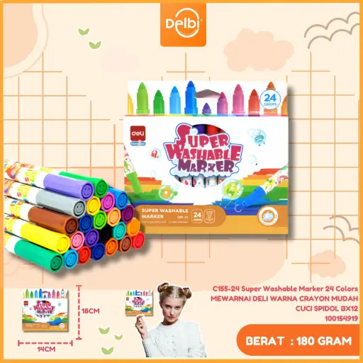 [100154919] C155-24 Super Washable Marker 24 Colors MEWARNAI DELI WARNA CRAYON MUDAH CUCI SPIDOL BX12