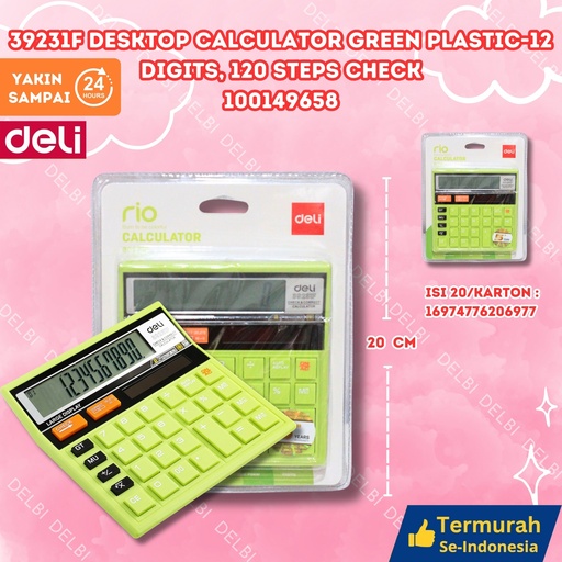 [100149658] 39231F Desktop Calculator Green Plastic-12 digits, 120 steps check DELI KALKULATOR PENGHITUNG 12 DIGIT BX80 BX20