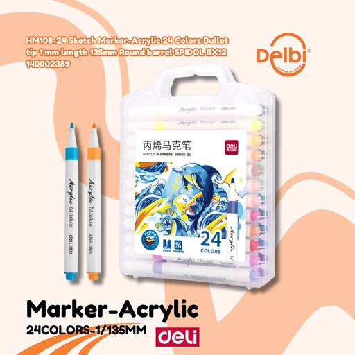 [140002389] DELI HM108-24 Sketch Marker-Acrylic 24 Colors Bullet tip 1 mm length 135mm Round barrel SPIDOL BX12