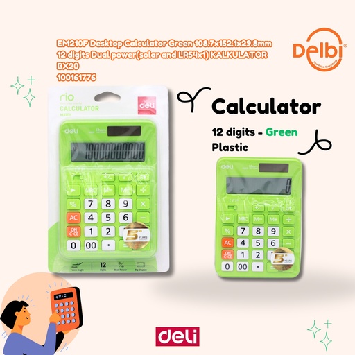 [100161778] DELI EM210F Desktop Calculator Green 108.7x152.1x29.8mm
12 digits Dual power(solar and LR54x1) KALKULATOR BX20