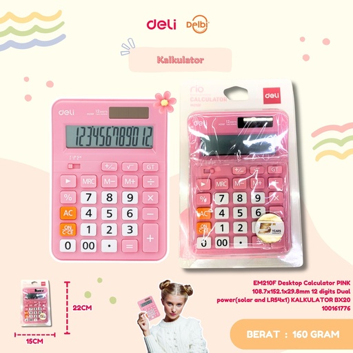 [100161776] DELI EM210F Desktop Calculator PINK 108.7x152.1x29.8mm 12 digits Dual power(solar and LR54x1) KALKULATOR BX20