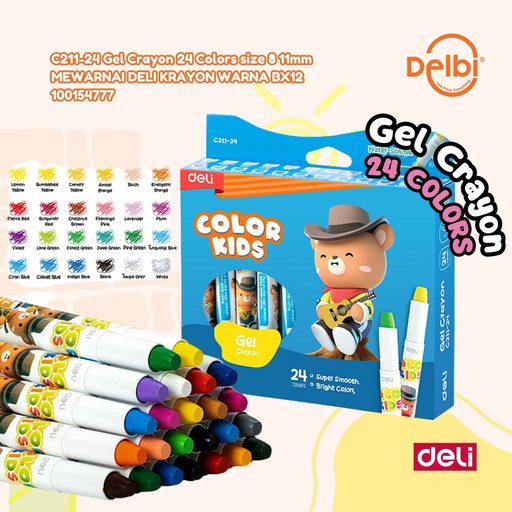 [100154777] EC211-24 Gel Crayon 24 Colors size 8 11mm MEWARNAI DELI KRAYON WARNA BX12