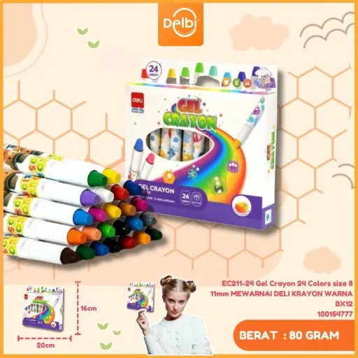[100154777] EC211-24 Gel Crayon 24 Colors size 8 11mm MEWARNAI DELI KRAYON WARNA BX12