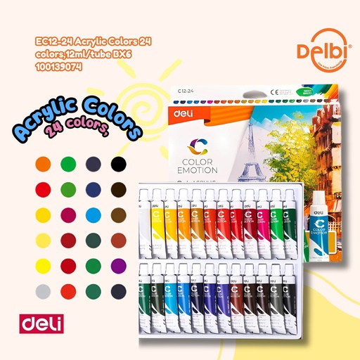 [100139074] DELI EC12-24 Acrylic Colors 24 colors,12ml/tube BX6