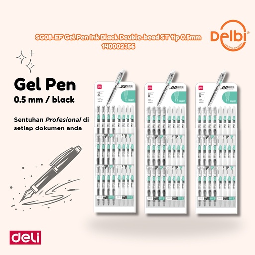 [140002356] DELI SG08-EF Gel Pen Ink Black Double-bead ST tip DISPLAY SET 0.5mm BX1
