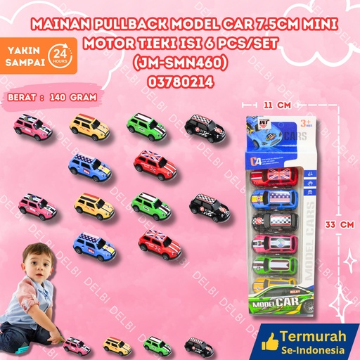 [03780214] (JM-SMN460) MAINAN PULLBACK MODEL CAR 7.5CM MINI MOTOR TIEKI ISI 6PCS/SET 144PCS MOBIL KECIL SET MINIATUR BX144
