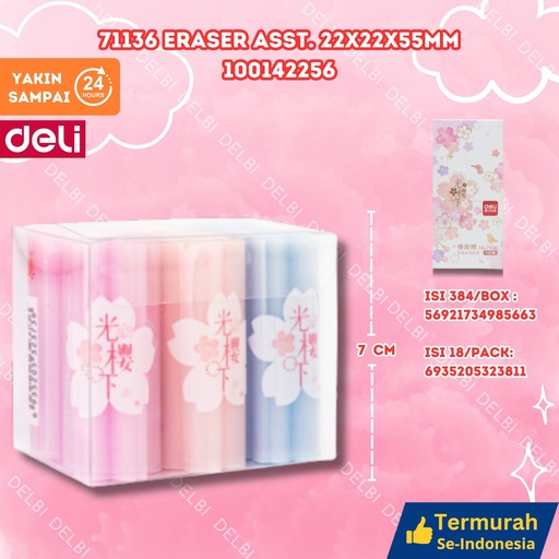 [100142256] (1 PCS) 71136 Eraser ASST. 22x22x55mm PENGHAPUS DELI WARNA-WARNI BX18 BX396