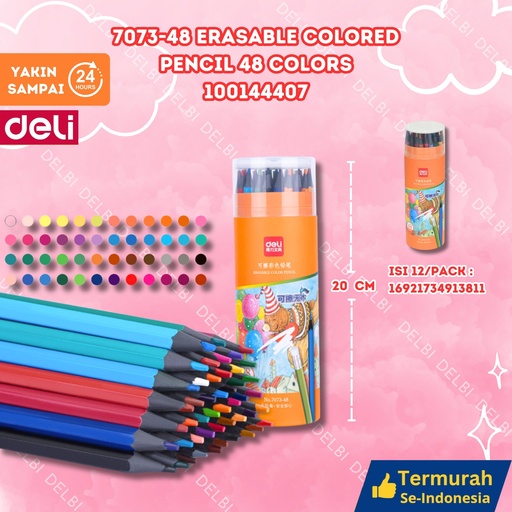 [100144407] 7073-48 Erasable Colored Pencil 48 colors MEWARNAI PENSIL WARNA DELI CRAYON GAMPANG DIHAPUS BX12