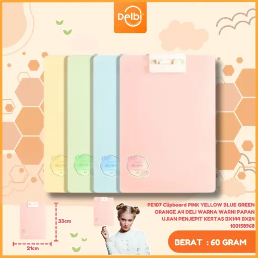 [100158968] PE107 Clipboard PINK YELLOW BLUE GREEN ORANGE A4 DELI WARNA WARNI PAPAN UJIAN PENJEPIT KERTAS BX144 BX24