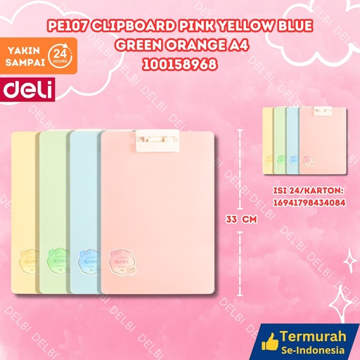 [100158968] PE107 Clipboard PINK YELLOW BLUE GREEN ORANGE A4 DELI WARNA WARNI PAPAN UJIAN PENJEPIT KERTAS BX144 BX24