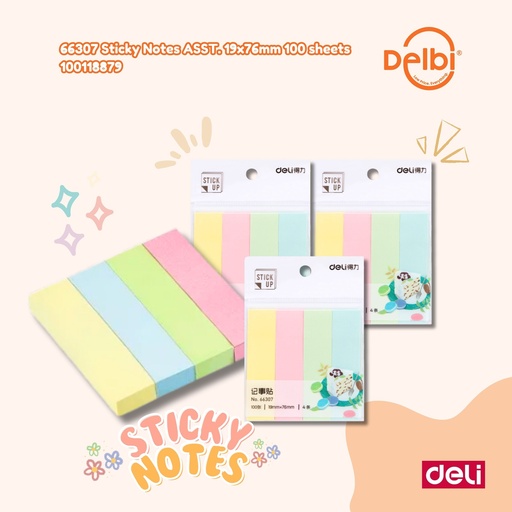 [100118879] DELI 66307 Sticky Notes ASST. 19x76mm 100 sheets BX216 BX12