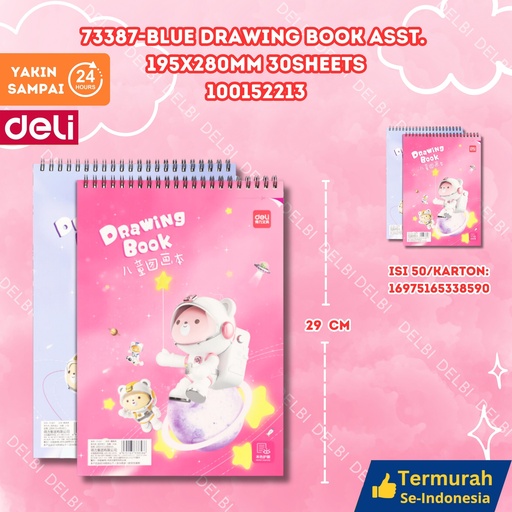 [100152213] 73387-Blue Drawing Book ASST. 195x280mm 30sheets MENGGAMBAR DELI BUKU GAMBAR BX100 BX50