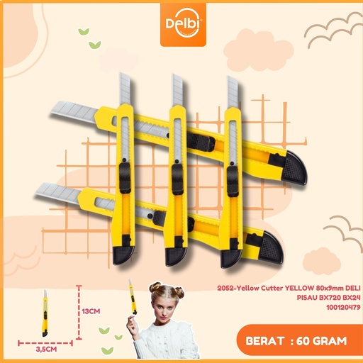 [100120479] 2052-Yellow Cutter YELLOW 80x9mm DELI PISAU BX720 BX24