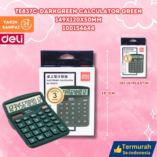 [100154644] TE837C-DarkGreen Calculator GREEN 149x120x50mm DELI KALKULATOR PENJUMLAHAN DARK BX120 BX10