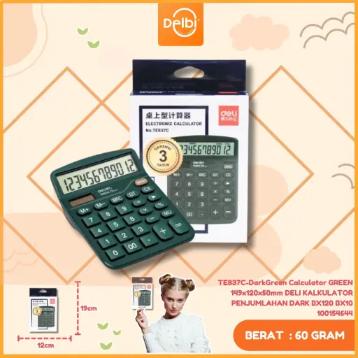 [100154644] TE837C-DarkGreen Calculator GREEN 149x120x50mm DELI KALKULATOR PENJUMLAHAN DARK BX120 BX10