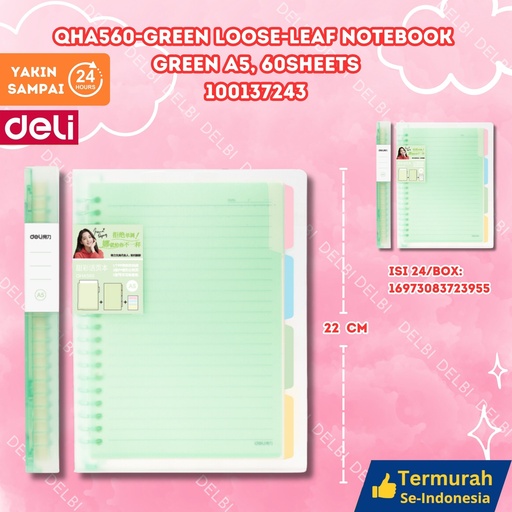 [100137243] QHA560-Green Loose-Leaf Notebook GREEN A5, 60sheets DELI BINDER LOOSE LEAF BUKU BX96 BX24