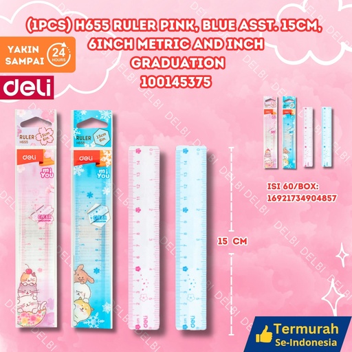 [100145375] (1PCS) H655 Ruler PINK, BLUE ASST. 15cm, 6Inch Metric and inch graduation DELI PENGGARIS PINK 15CM BX60