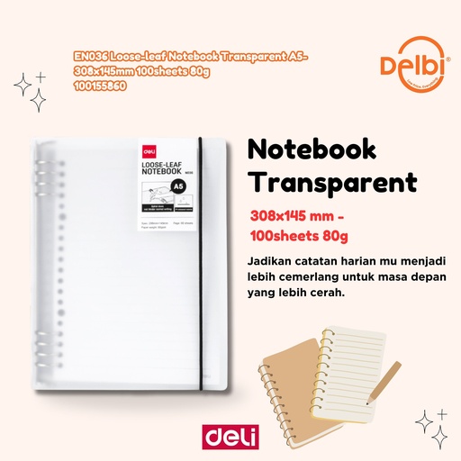[100155860] DELI EN036 Loose-leaf Notebook Transparent A5-308x145mm 100sheets 80g BUKU BX72 BX12