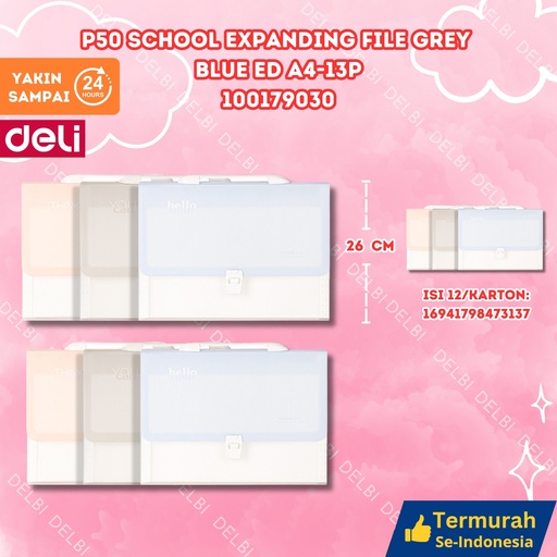 [100179030] P50 School Expanding File GREY BLUE ED A4-13P DELI MAP PENYIMPAN BERKAS BX48 BX12
