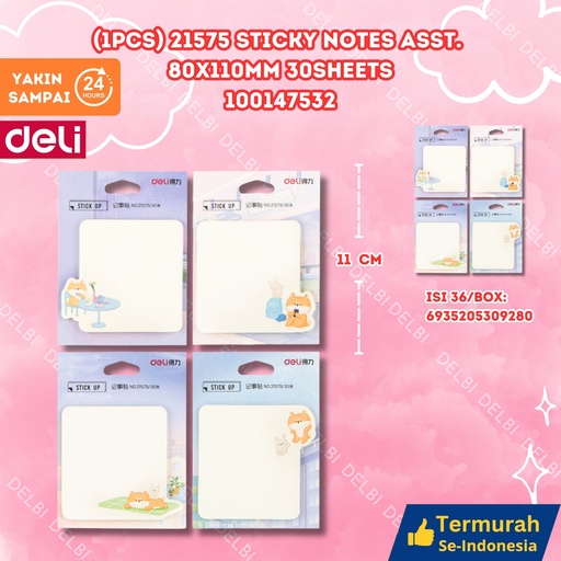 [100147532] (1PCS) 21575 Sticky Notes ASST. 80x110mm 30sheets DELI CATATAN PENANDA KERTAS BX432 BX36