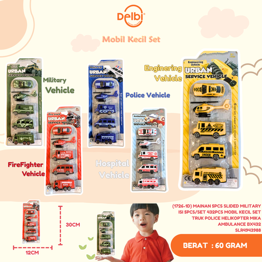 [SLR4943988] (1726-1D) MAINAN 5PCS SLIDED MILITARY ISI 5PCS/SET 432PCS MOBIL KECIL SET TRUK POLICE HELIKOPTER MIKA AMBULANCE BX432
