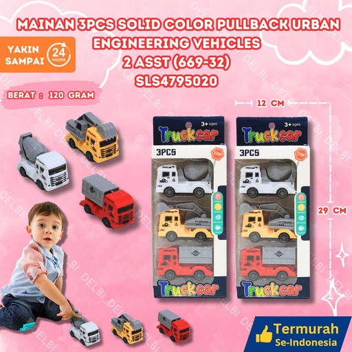 [SLS4795020] (669-32) MAINAN 3PCS SOLID COLOR PULLBACK URBAN ENGINEERING VEHICLES 2 ASST 192PCS MOBIL KECIL SET TRUK GANTUNG BX192