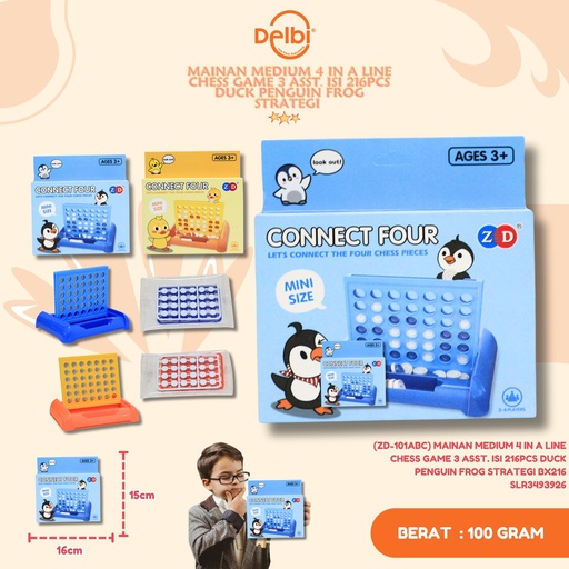[SLR3493926] (ZD-101ABC) MAINAN MEDIUM 4 IN A LINE CHESS GAME 3 ASST. ISI 216PCS DUCK PENGUIN FROG STRATEGI BX216