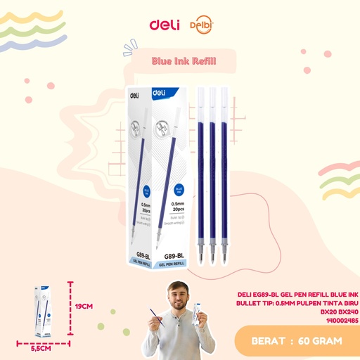 [140002485] DELI EG89-BL GEL PEN REFILL BLUE INK BULLET TIP: 0.5MM PULPEN TINTA BIRU BX20 BX240 