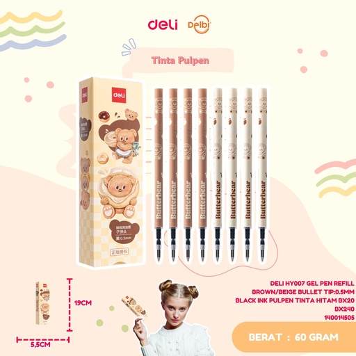 [140014505] DELI HY007 GEL PEN REFILL BROWN/BEIGE BULLET TIP:0.5MM BLACK INK PULPEN TINTA HITAM BX20 BX240