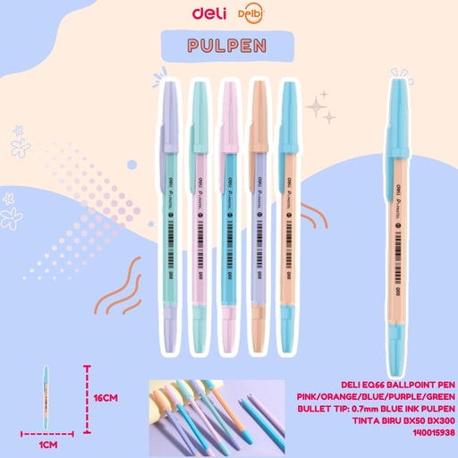 [140015938] DELI EQ66 BALLPOINT PEN PINK/ORANGE/BLUE/PURPLE/GREEN BULLET TIP: 0.7mm BLUE INK PULPEN TINTA BIRU BX50 BX300