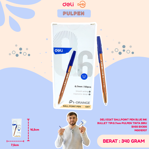 [140015937] DELI EQ6T BALLPOINT PEN BLUE INK BULLET TIP:0.7mm PULPEN TINTA BIRU BX50 BX300