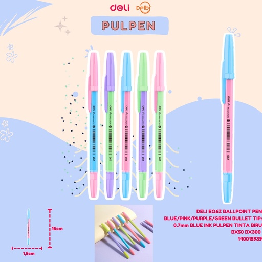 [140015939] DELI EQ6Z BALLPOINT PEN BLUE/PINK/PURPLE/GREEN BULLET TIP: 0.7mm BLUE INK PULPEN TINTA BIRU BX50 BX300 