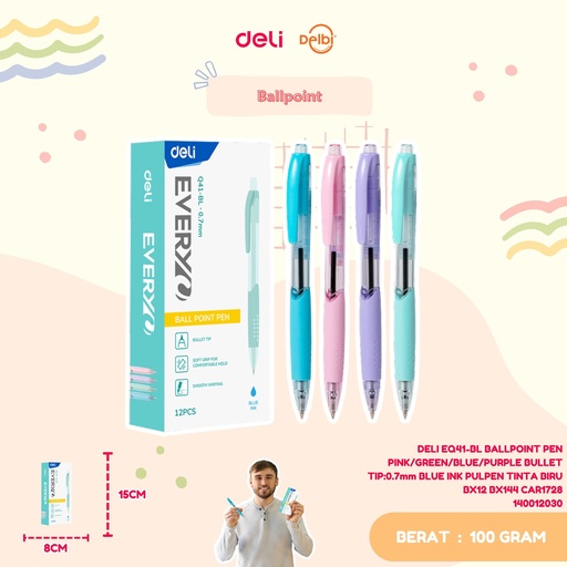 [140012030] DELI EQ41-BL BALLPOINT PEN PINK/GREEN/BLUE/PURPLE BULLET TIP:0.7mm BLUE INK PULPEN TINTA BIRU BX12 BX144 CAR1728