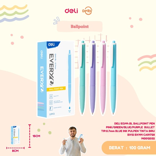 [140012032] DELI EQ44-BL BALLPOINT PEN PINK/GREEN/BLUE/PURPLE  BULLET TIP:0.7mm BLUE INK PULPEN TINTA BIRU BX12 BX144 CAR1728