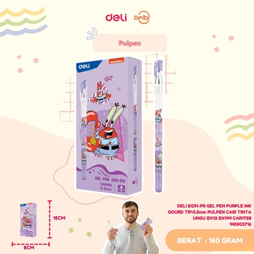 [140003716] DELI EG91-PR GEL PEN PURPLE INK GOURD TIP:0.5mm PULPEN CAIR TINTA UNGU BX12 BX144 CAR1728