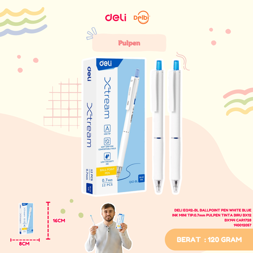[140012057] DELI EQ42-BL BALLPOINT PEN WHITE BLUE INK MINI TIP:0.7mm PULPEN TINTA BIRU BX12 BX144 CAR1728