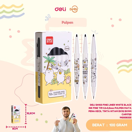 [140008335] DELI SN103 FINE LINER WHITE BLACK INK FINE TIP:1.2+0,5mm PULPEN MATA PENA KECIL TINTA HITAM BX12 BX144 CAR1728