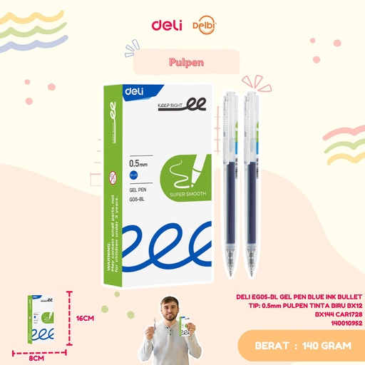 [140010952] DELI EG05-BL GEL PEN BLUE INK BULLET TIP: 0.5mm PULPEN TINTA BIRU BX12 BX144 CAR1728