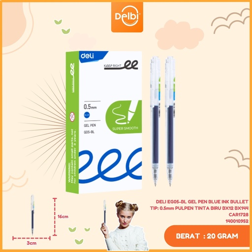 [140010952] DELI EG05-BL GEL PEN BLUE INK BULLET TIP: 0.5mm PULPEN TINTA BIRU BX12 BX144 CAR1728