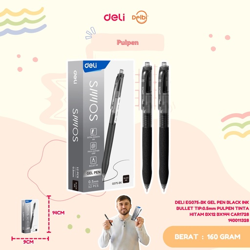 [140011328] DELI EG075-BK GEL PEN BLACK INK BULLET TIP:0.5mm PULPEN TINTA HITAM BX12 BX144 CAR1728