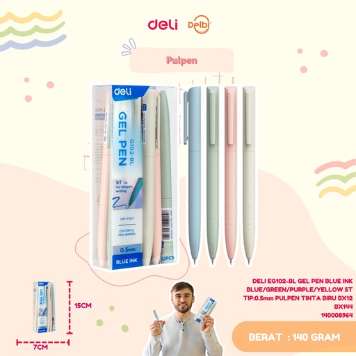 [140008964] DELI EG102-BL GEL PEN BLUE INK BLUE/GREEN/PURPLE/YELLOW ST TIP:0.5mm PULPEN TINTA BIRU BX12 BX144 
