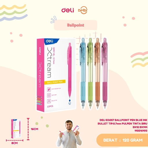 [140016493] DELI EQ057 BALLPOINT PEN BLUE INK BULLET TIP:0.7mm PULPEN TINTA BIRU BX12 BX144