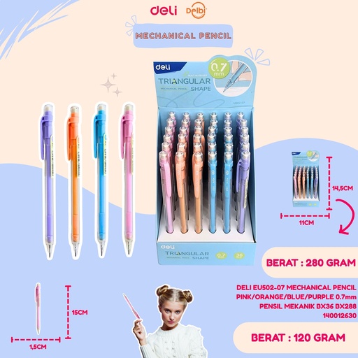 [140012630] DELI EU502-07 MECHANICAL PENCIL PINK/ORANGE/BLUE/PURPLE 0.7mm PENSIL MEKANIK BX36 BX288